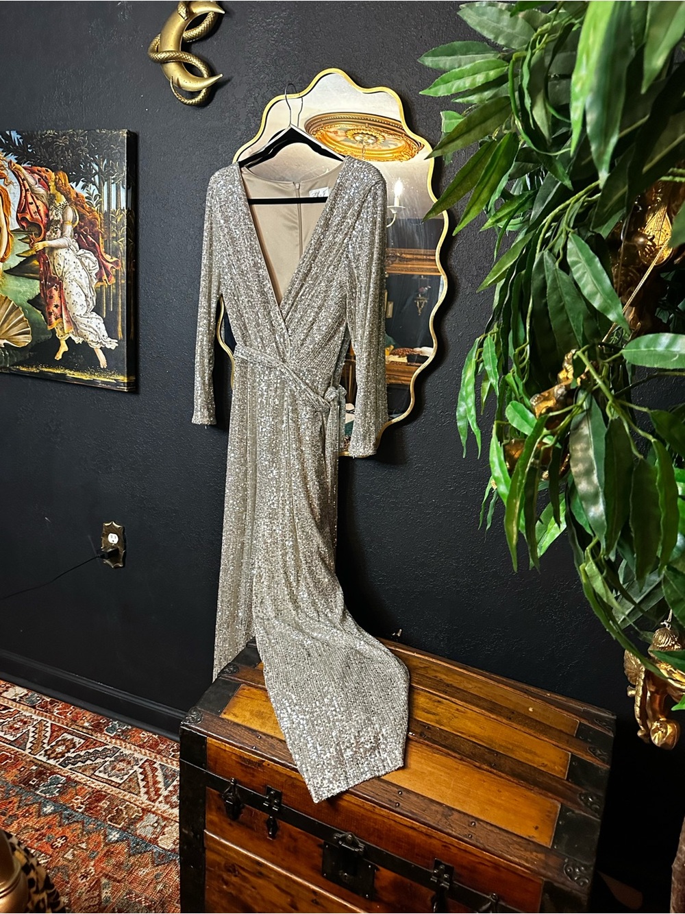 Eliza J Silver Sequin Wrap Gown with Long Sleeves